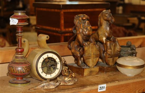 Pair of carvings, pot, clock etc